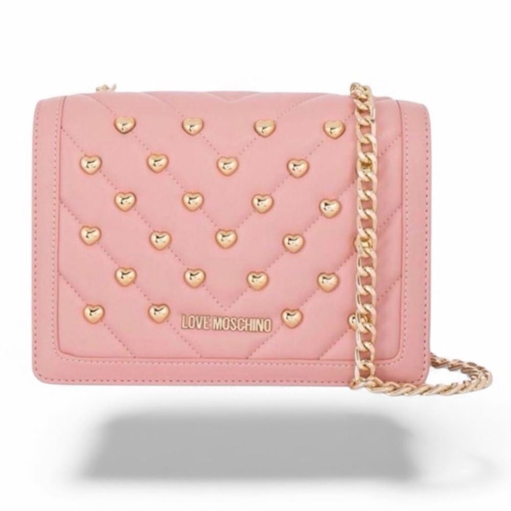 Love Moschino Pink Studded Heart Quilted Crossbody Bag w/Gold Chain Strap